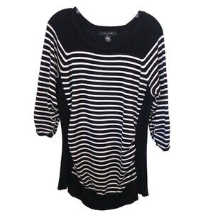89th & Madison Black White Striped 3/4 Dolman Sleeve Round Neck Sweater SZ 1X
